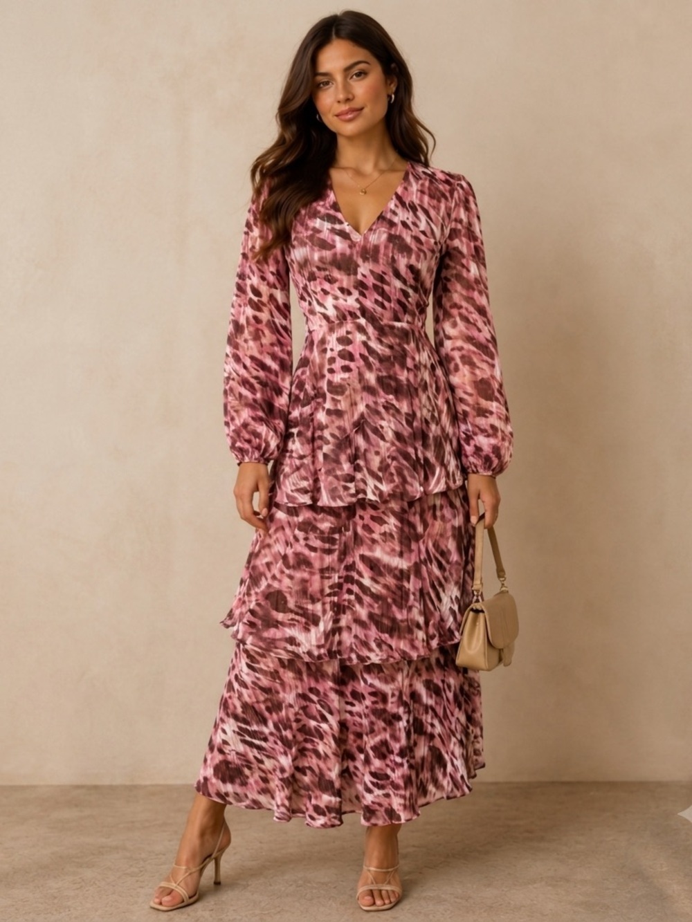 RRR Fatima Metallic Pink Leopard Print Tiered Maxi Dress Sz-6 Fairy WeddingGuest